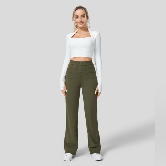 Halara High Waisted Button Multiple Pockets Straight Leg Casual Pants NEW/NWT💚 - Picture 5 of 13